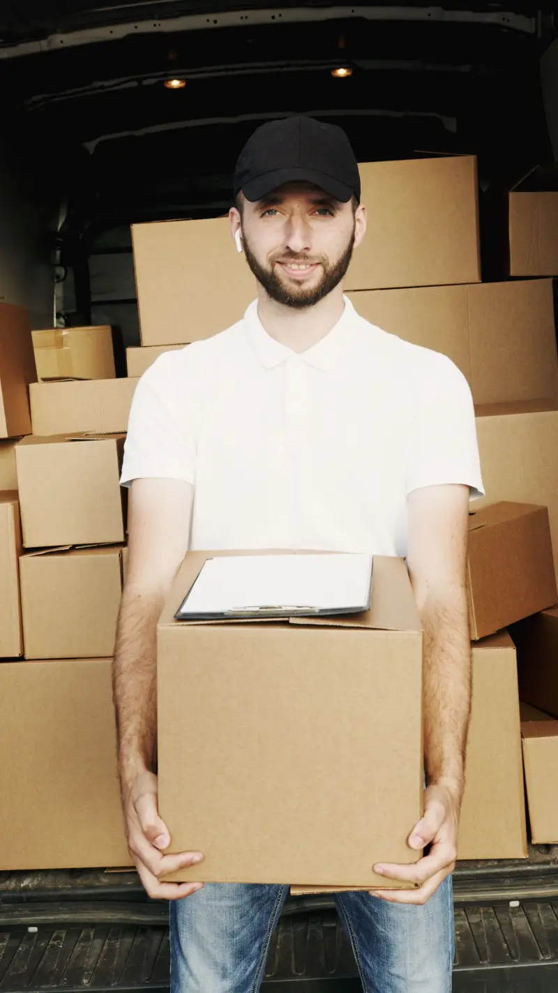 Delivery worker holding a box in front of a loaded truck
