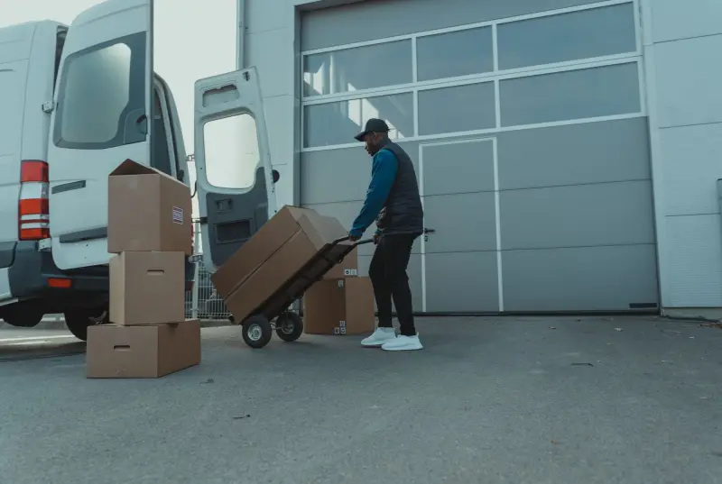 Worker moving stacked boxes on a hand truck beside a cargo van at a warehouse